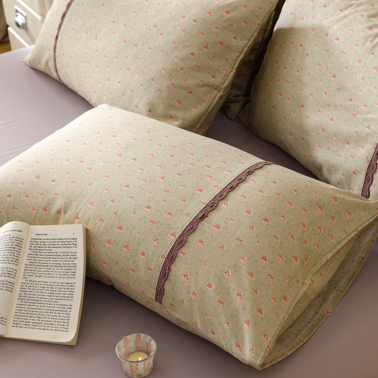 91家纺网 家纺一手货源 找家纺 女子家纺 2026新款40支13070全棉纯棉斜纹印花蕾丝四件套 青柠果络