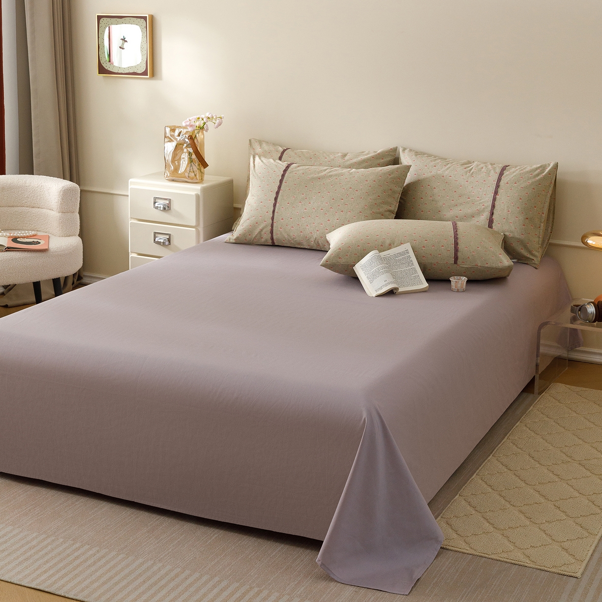 91家纺网 家纺一手货源 找家纺 女子家纺 2026新款40支13070全棉纯棉斜纹印花蕾丝四件套 青柠果络