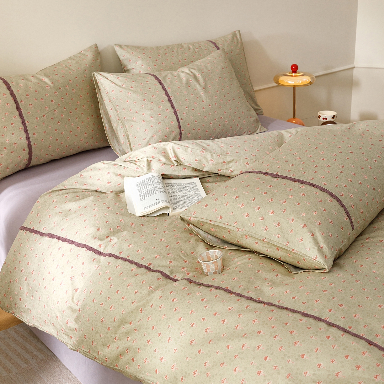 91家纺网 家纺一手货源 找家纺 女子家纺 2026新款40支13070全棉纯棉斜纹印花蕾丝四件套 青柠果络