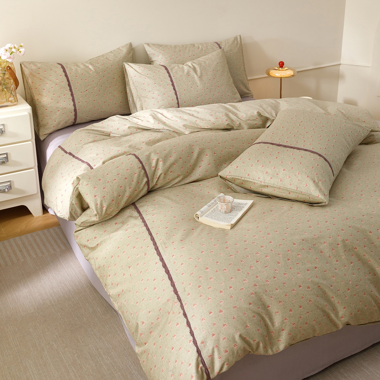 91家纺网 家纺一手货源 找家纺 女子家纺 2026新款40支13070全棉纯棉斜纹印花蕾丝四件套 青柠果络