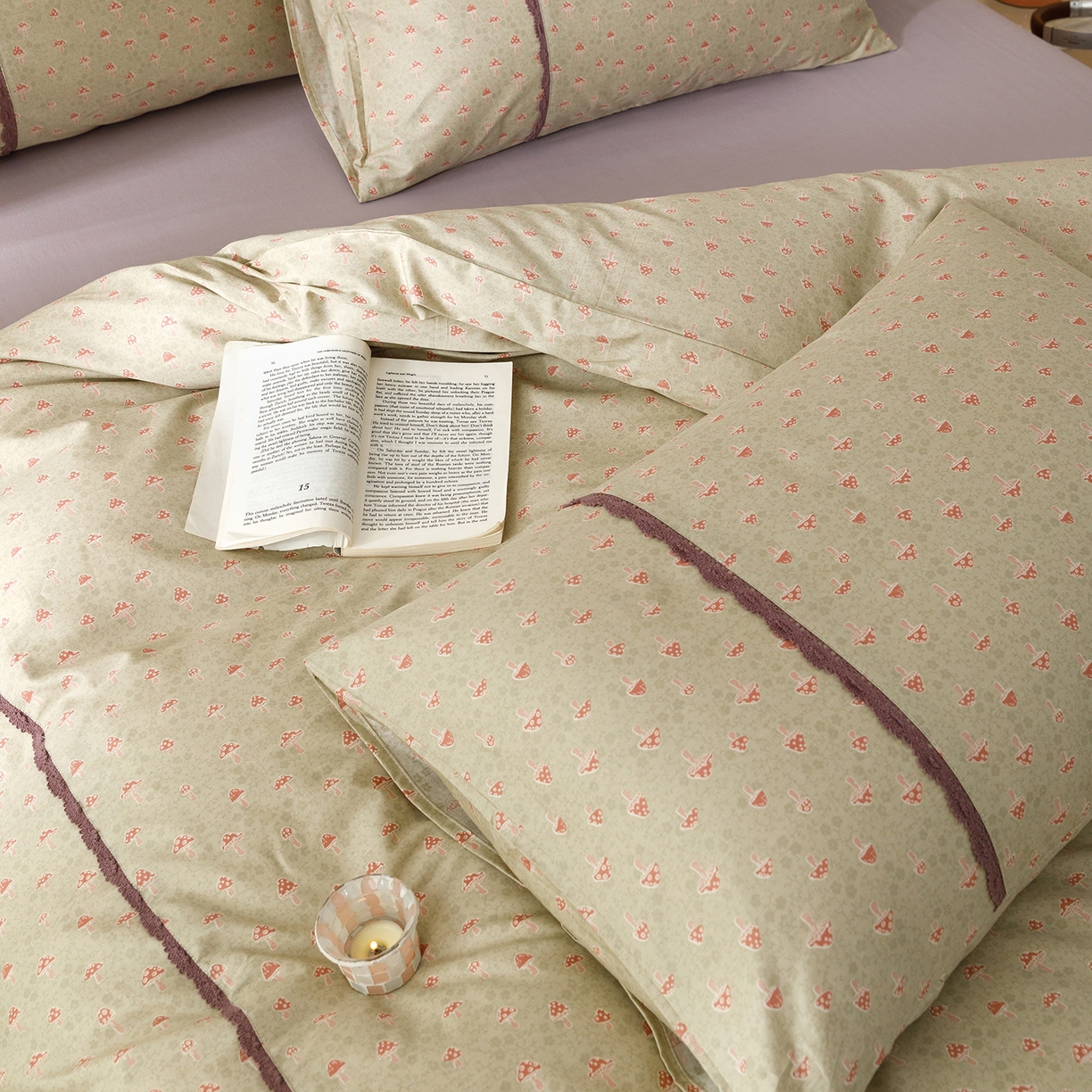 91家纺网 家纺一手货源 找家纺 女子家纺 2026新款40支13070全棉纯棉斜纹印花蕾丝四件套 青柠果络