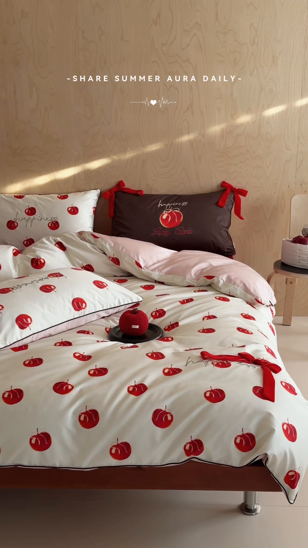 91家纺网 家纺一手货源 找家纺 桔子家纺 2026春夏新款100s全棉纯棉复古樱桃系列四件套-场景一 复古樱桃-米白