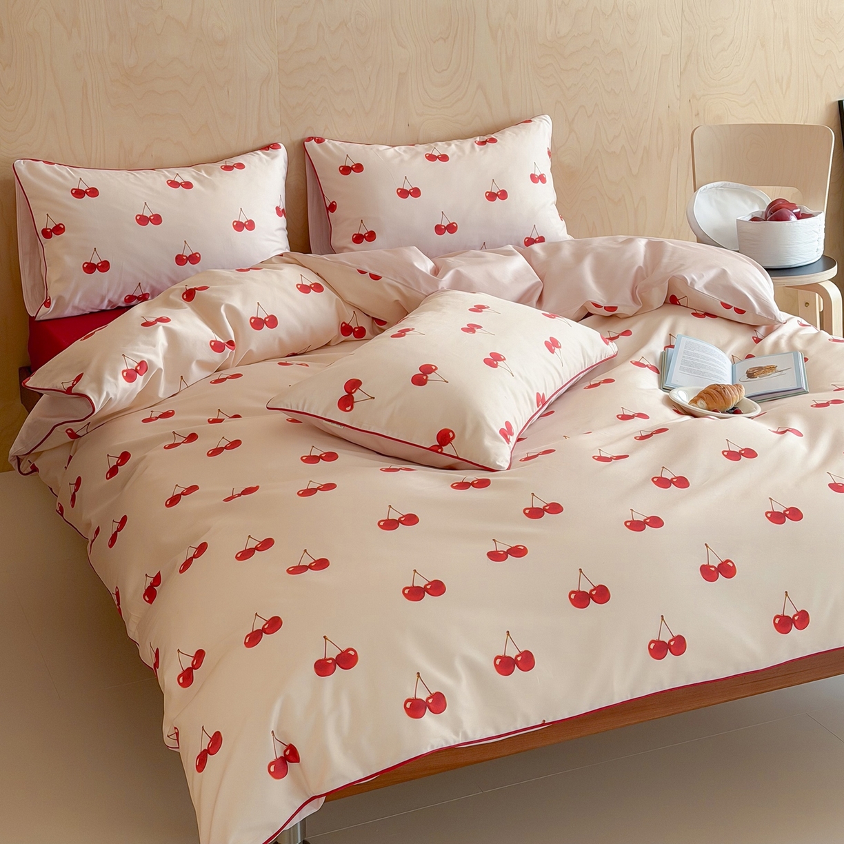 91家纺网 家纺一手货源 找家纺 桔子家纺 2026春夏新款100s全棉纯棉复古樱桃系列四件套-场景二 复古樱桃-粉