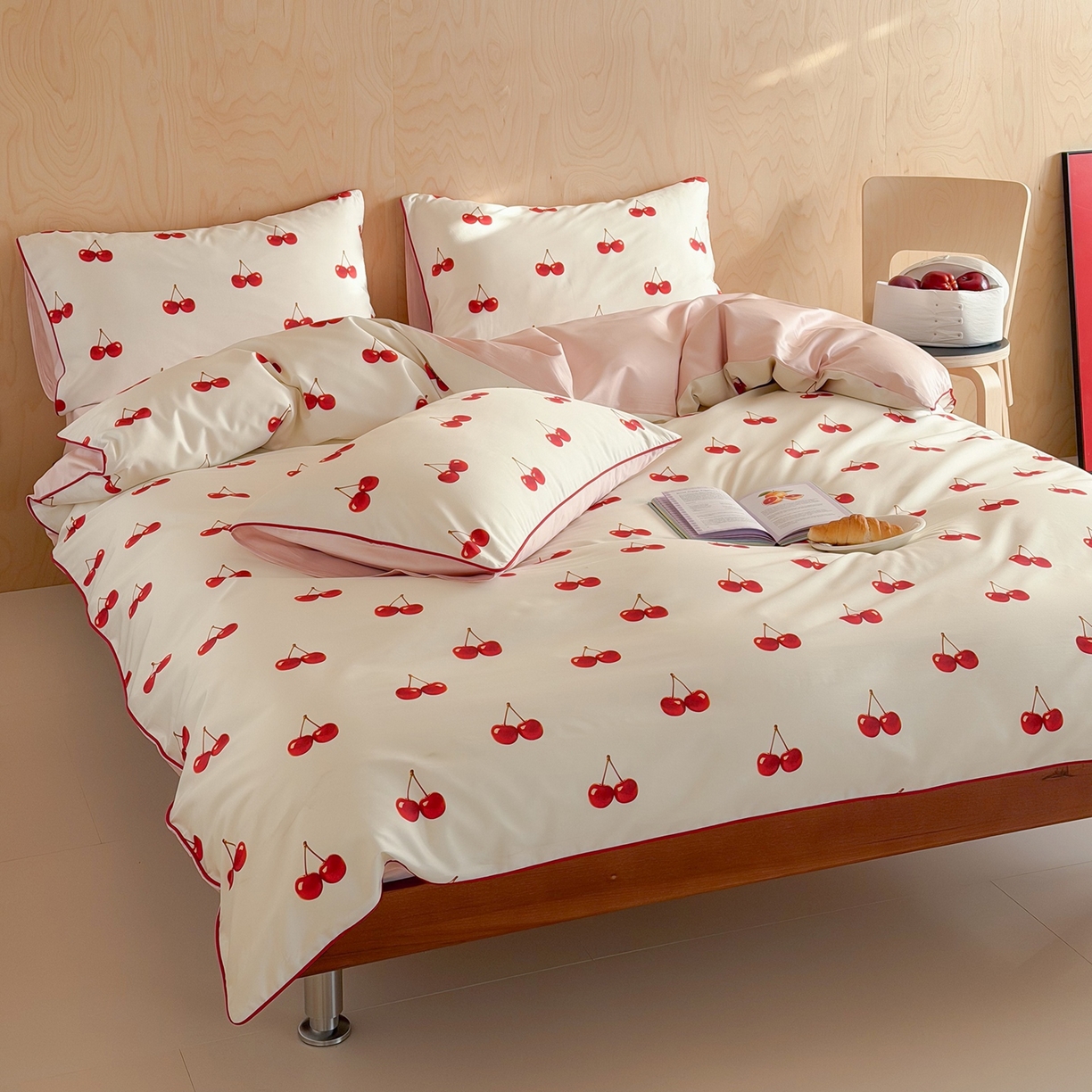 91家纺网 家纺一手货源 找家纺 桔子家纺 2026春夏新款100s全棉纯棉复古樱桃系列四件套-场景二 复古樱桃-米白