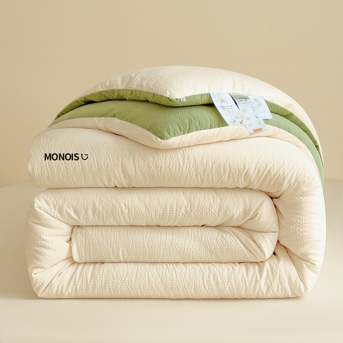 91家纺网 家纺一手货源 找家纺 爱彼家纺 2026新款拼色小竹棉泡泡纱亲肤大豆被春秋被子被芯 泡泡纱-白绿