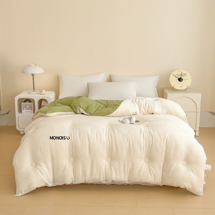 91家纺网 家纺一手货源 找家纺 爱彼家纺 2026新款拼色小竹棉泡泡纱亲肤大豆被春秋被子被芯 泡泡纱-白绿