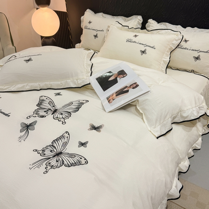 91家纺网 家纺一手货源 找家纺 （总）艺玲家纺 2026新款提花色织麻刺绣花边四件套