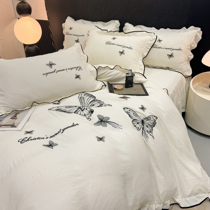 91家纺网 家纺一手货源 找家纺 （总）艺玲家纺 2026新款提花色织麻刺绣花边四件套