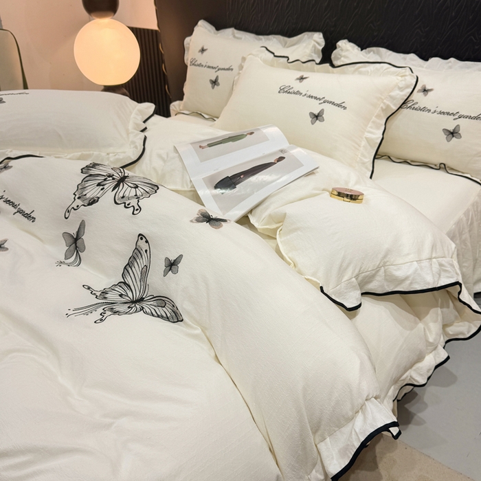 91家纺网 家纺一手货源 找家纺 （总）艺玲家纺 2026新款提花色织麻刺绣花边四件套