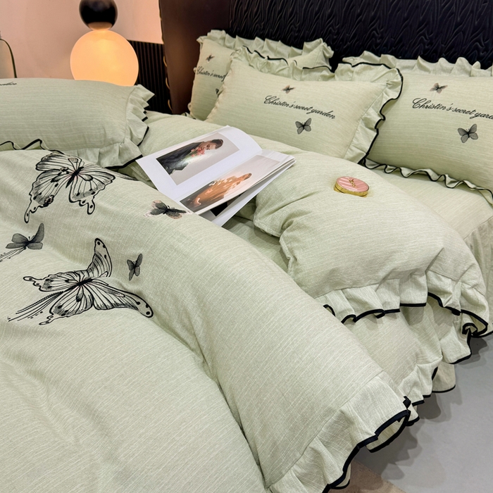 91家纺网 家纺一手货源 找家纺 （总）艺玲家纺 2026新款提花色织麻刺绣花边四件套