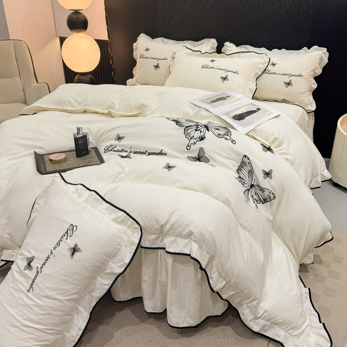 91家纺网 家纺一手货源 找家纺 艺玲家纺 2026新款提花色织麻刺绣花边四件套 轻风蝶影-米白