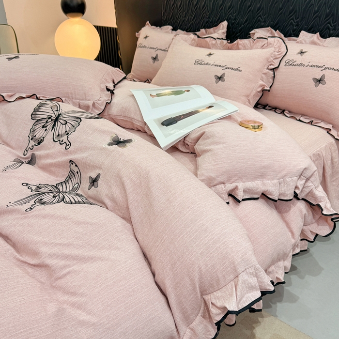 艺玲家纺 2026新款提花色织麻刺绣花边四件套 轻风蝶影-浅豆沙