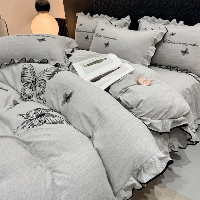 艺玲家纺 2026新款提花色织麻刺绣花边四件套 轻风蝶影-浅灰