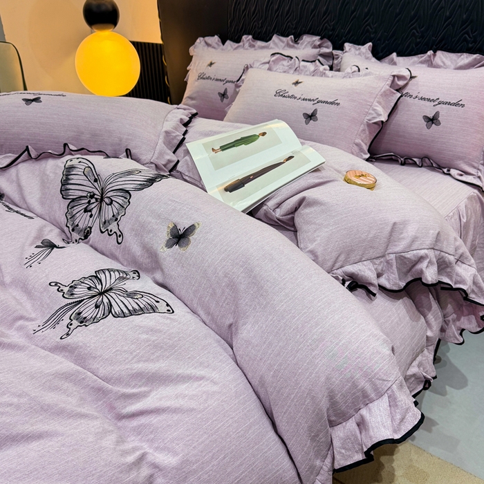 艺玲家纺 2026新款提花色织麻刺绣花边四件套 轻风蝶影-浅紫