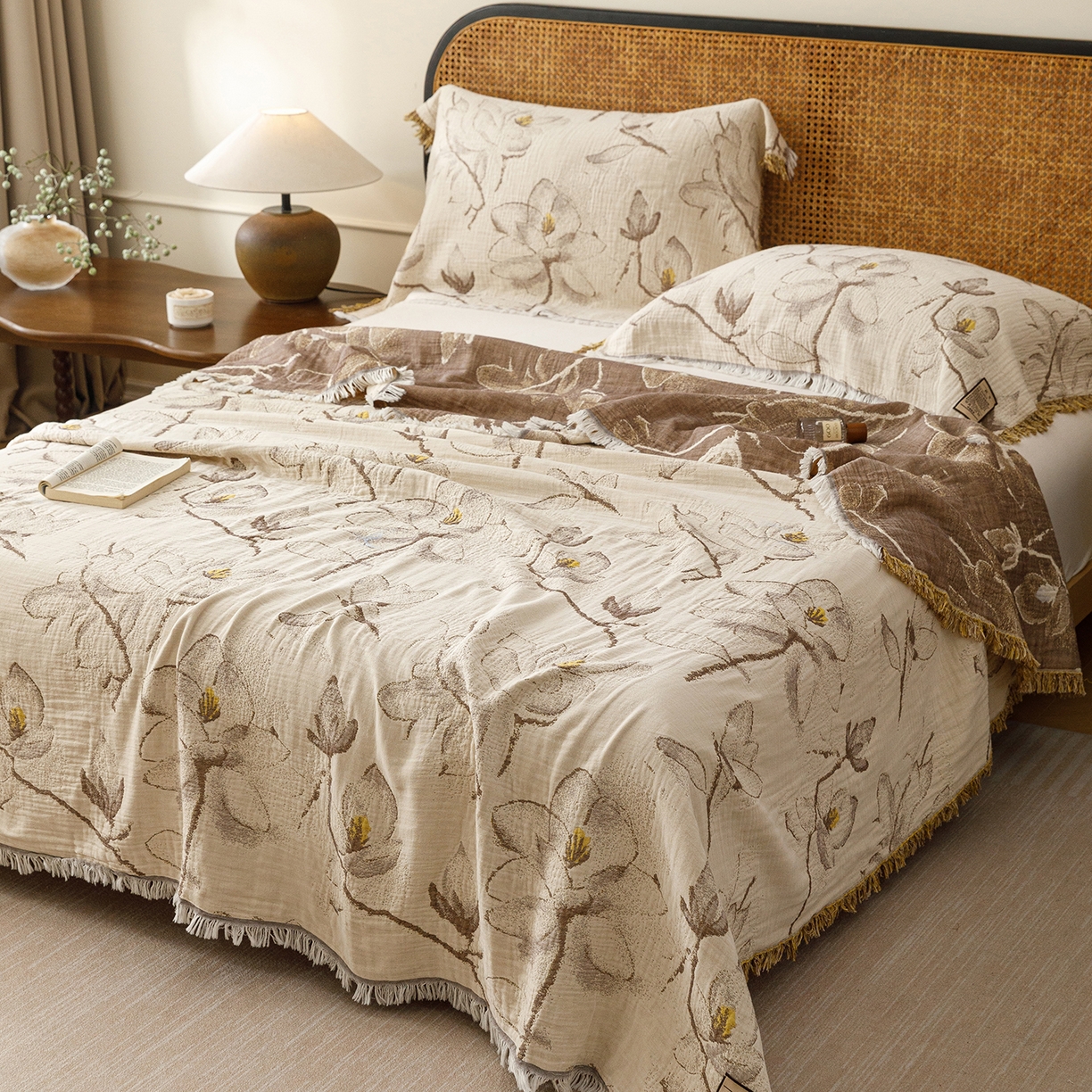 91家纺网 家纺一手货源 找家纺 （总）朴尔家纺-毛巾被 2026新款全棉60s精细纱流苏花边四层纱布毛巾被