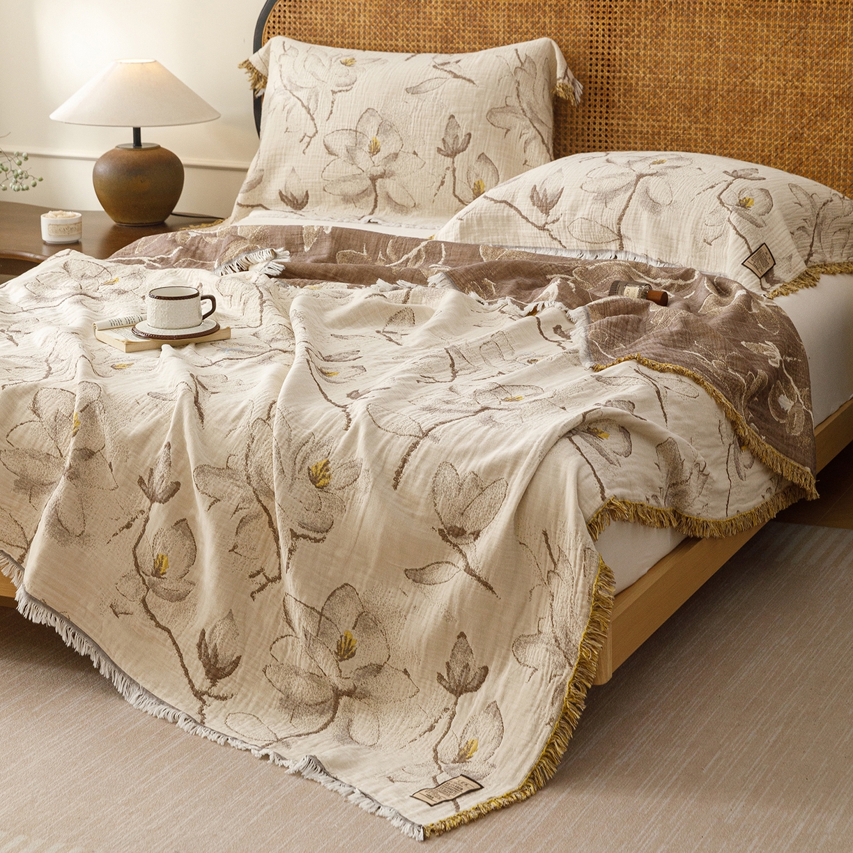 91家纺网 家纺一手货源 找家纺 （总）朴尔家纺-毛巾被 2026新款全棉60s精细纱流苏花边四层纱布毛巾被