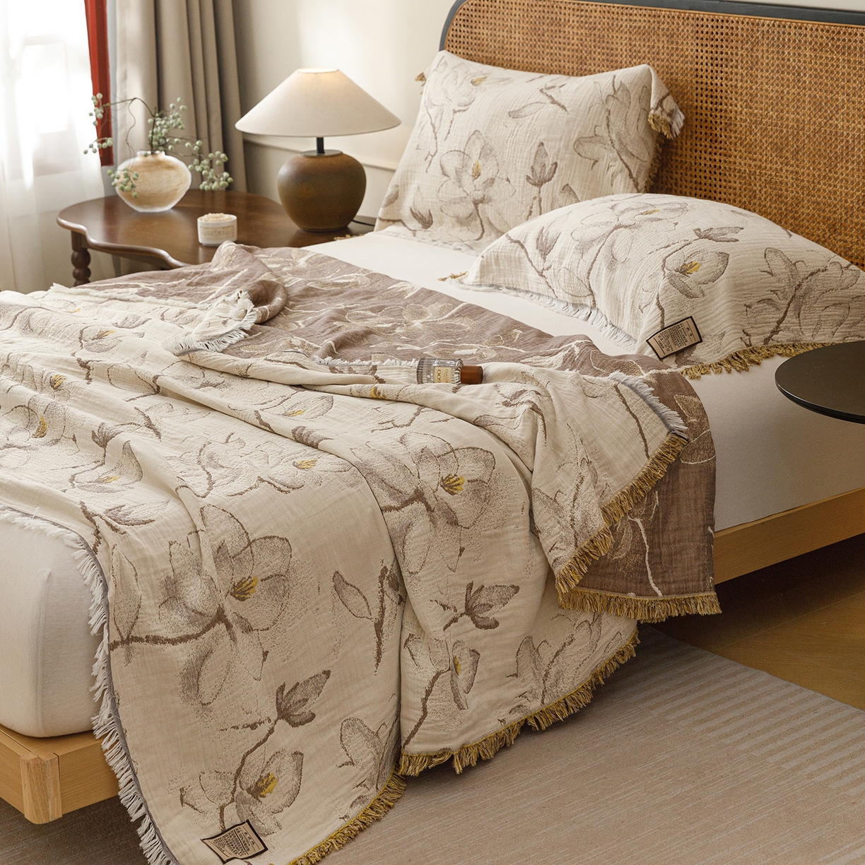 91家纺网 家纺一手货源 找家纺 （总）朴尔家纺-毛巾被 2026新款全棉60s精细纱流苏花边四层纱布毛巾被