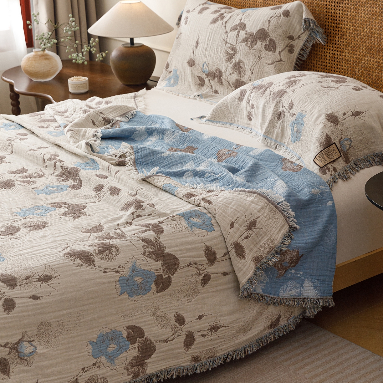 91家纺网 家纺一手货源 找家纺 （总）朴尔家纺-毛巾被 2026新款全棉60s精细纱流苏花边四层纱布毛巾被