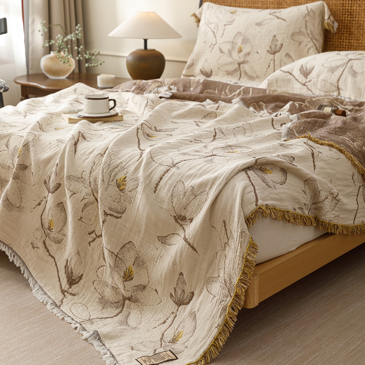 91家纺网 家纺一手货源 找家纺 朴尔家纺-毛巾被 2026新款全棉60s精细纱流苏花边四层纱布毛巾被 春木兰