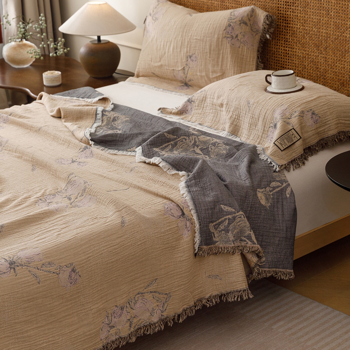 朴尔家纺-毛巾被 2026新款全棉60s精细纱流苏花边四层纱布毛巾被 花饰