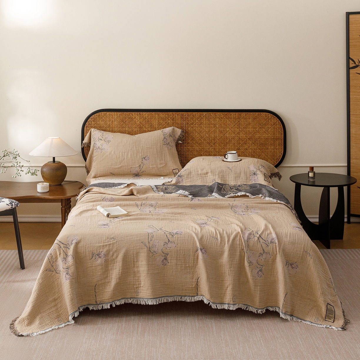 91家纺网 家纺一手货源 找家纺 朴尔家纺-毛巾被 2026新款全棉60s精细纱流苏花边四层纱布毛巾被 花饰