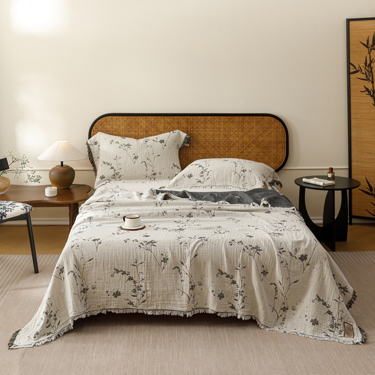 91家纺网 家纺一手货源 找家纺 朴尔家纺-毛巾被 2026新款全棉60s精细纱流苏花边四层纱布毛巾被 兰草情