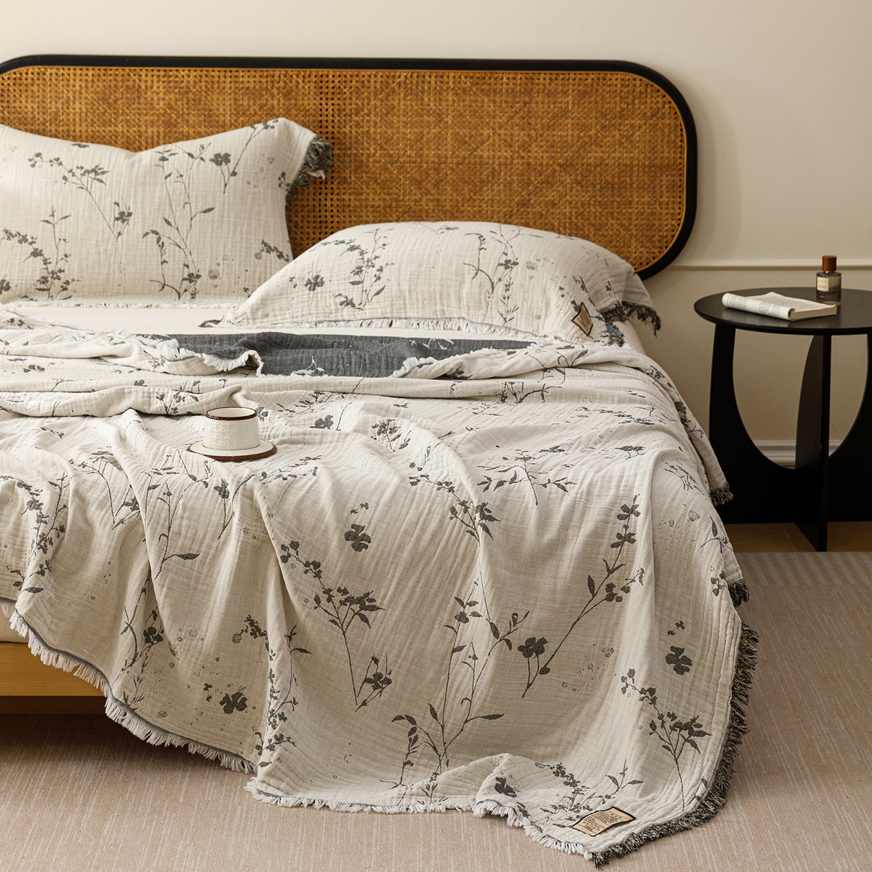 91家纺网 家纺一手货源 找家纺 朴尔家纺-毛巾被 2026新款全棉60s精细纱流苏花边四层纱布毛巾被 兰草情