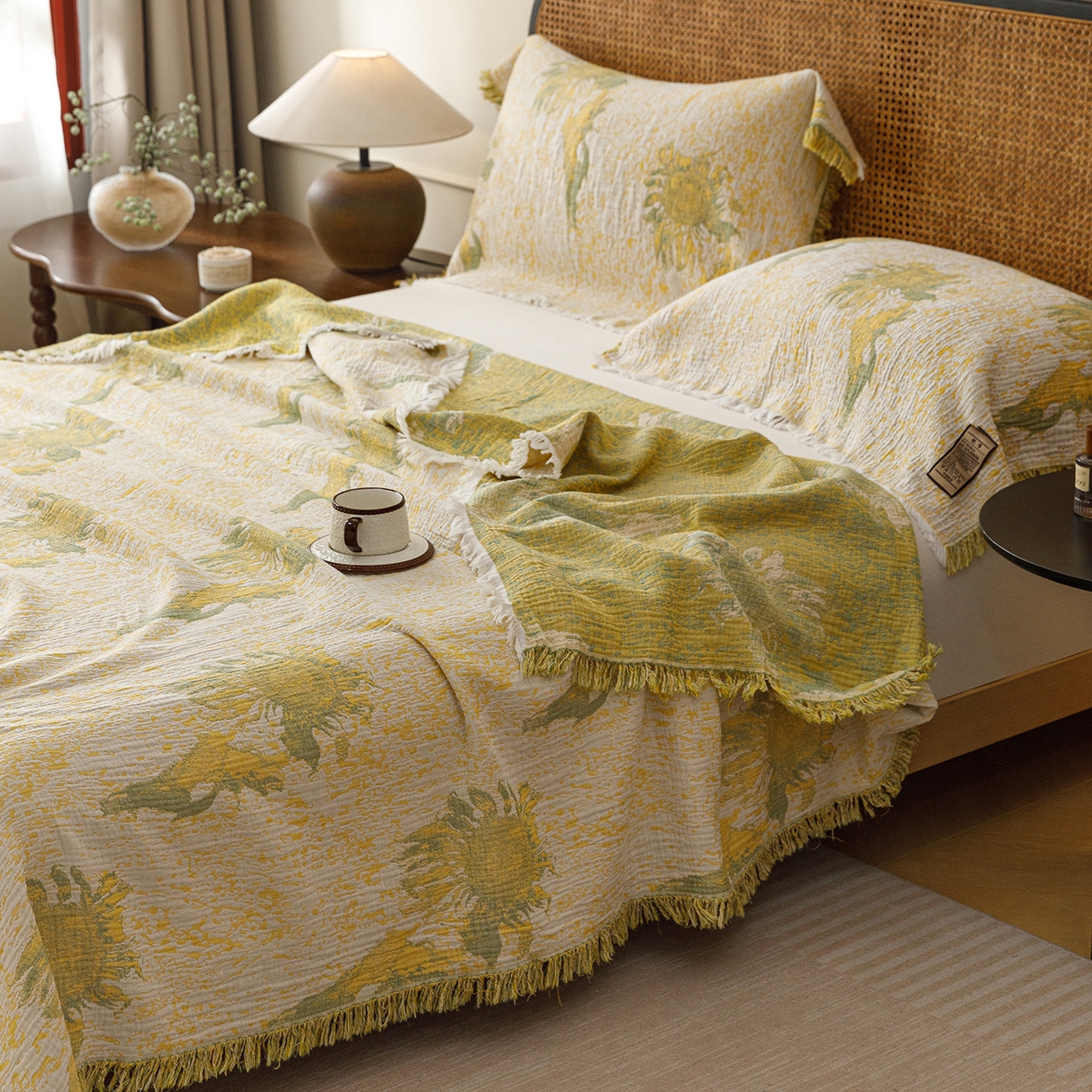 朴尔家纺-毛巾被 2026新款全棉60s精细纱流苏花边四层纱布毛巾被 暖阳