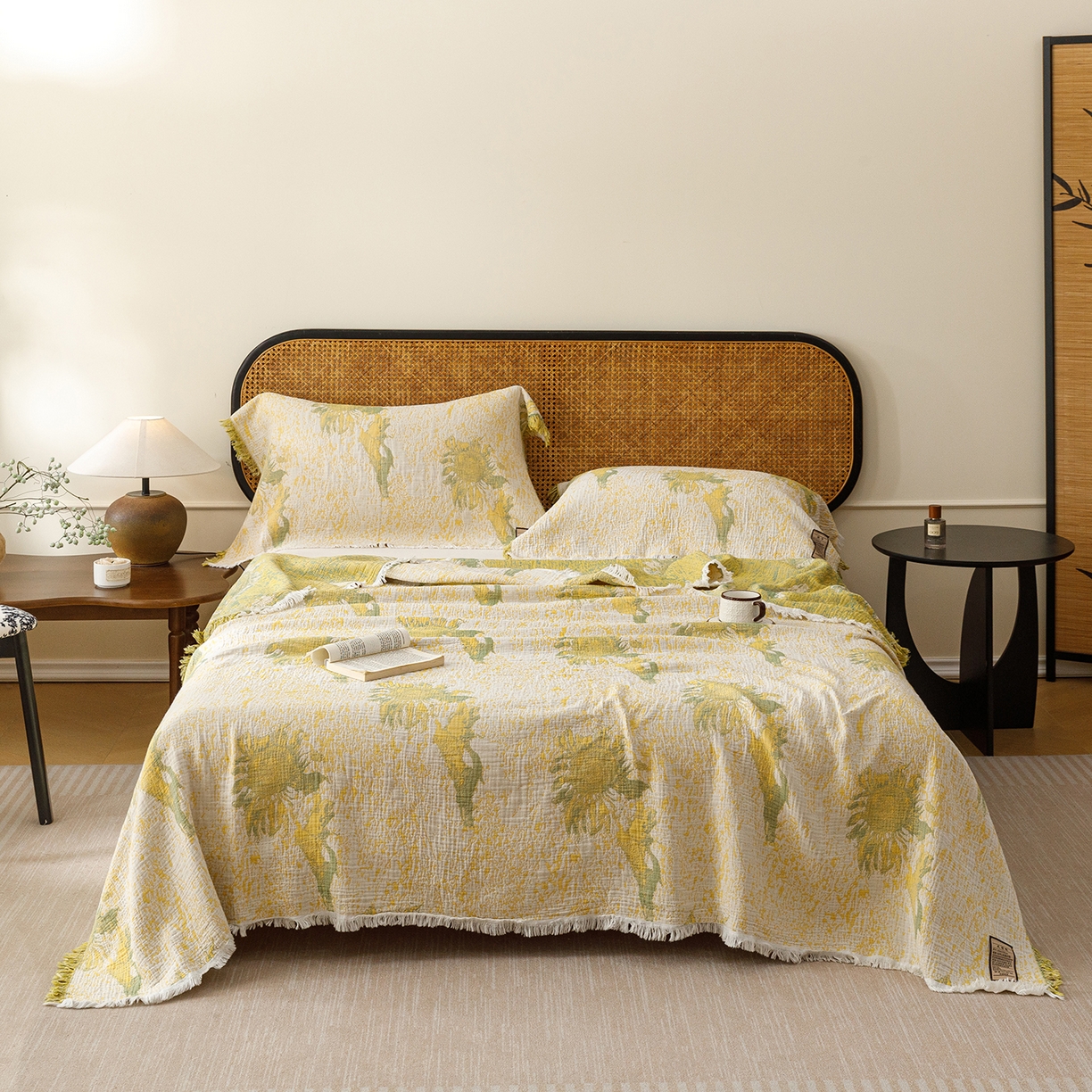 91家纺网 家纺一手货源 找家纺 朴尔家纺-毛巾被 2026新款全棉60s精细纱流苏花边四层纱布毛巾被 暖阳