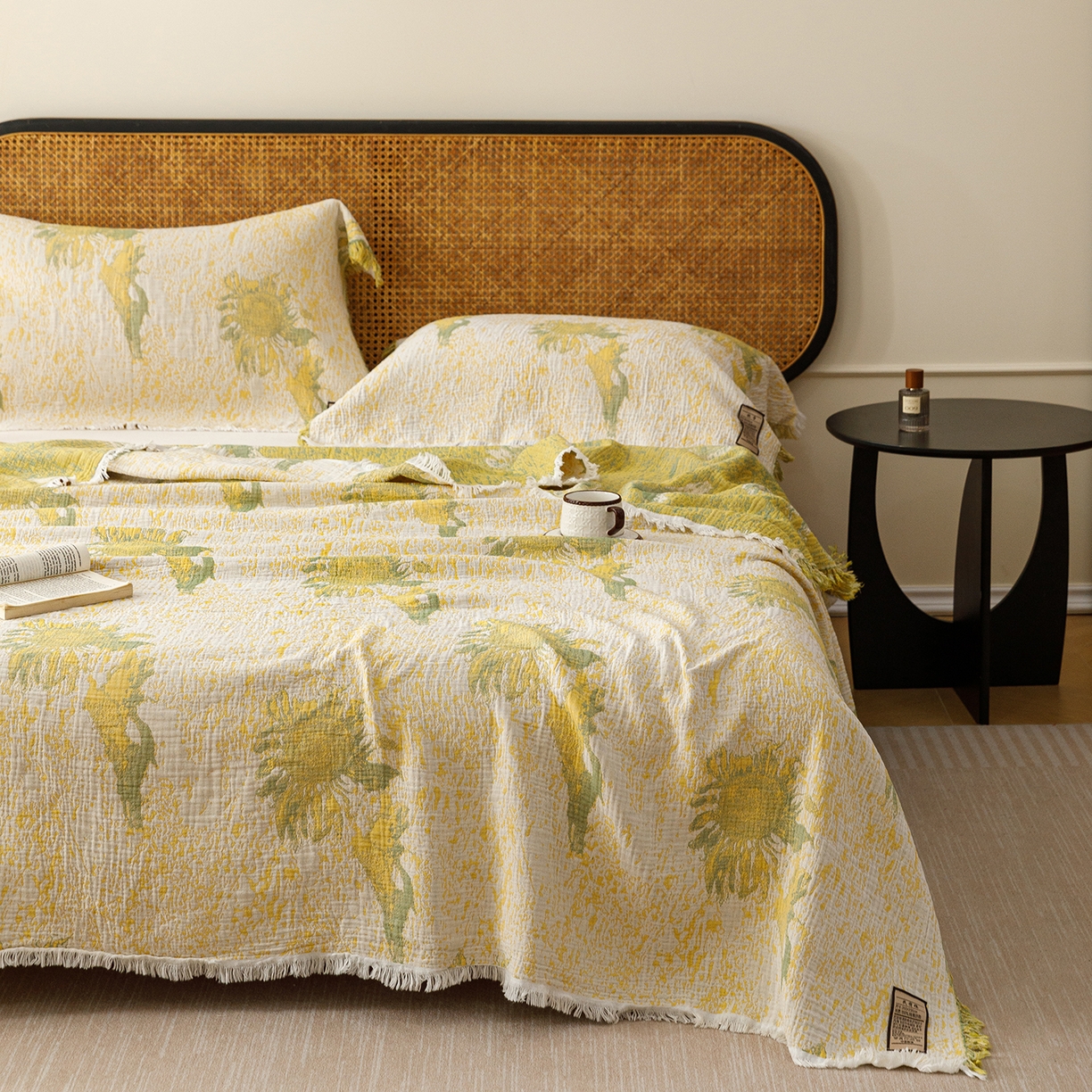 91家纺网 家纺一手货源 找家纺 朴尔家纺-毛巾被 2026新款全棉60s精细纱流苏花边四层纱布毛巾被 暖阳