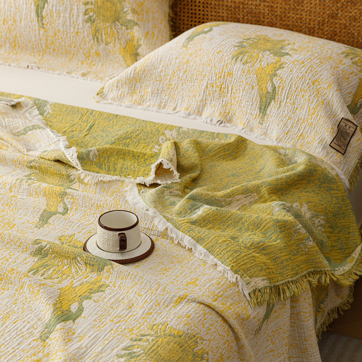 91家纺网 家纺一手货源 找家纺 朴尔家纺-毛巾被 2026新款全棉60s精细纱流苏花边四层纱布毛巾被 暖阳