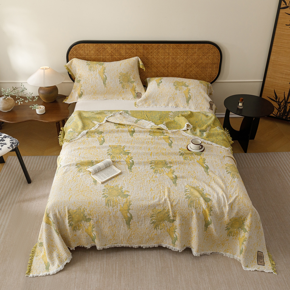 91家纺网 家纺一手货源 找家纺 朴尔家纺-毛巾被 2026新款全棉60s精细纱流苏花边四层纱布毛巾被 暖阳