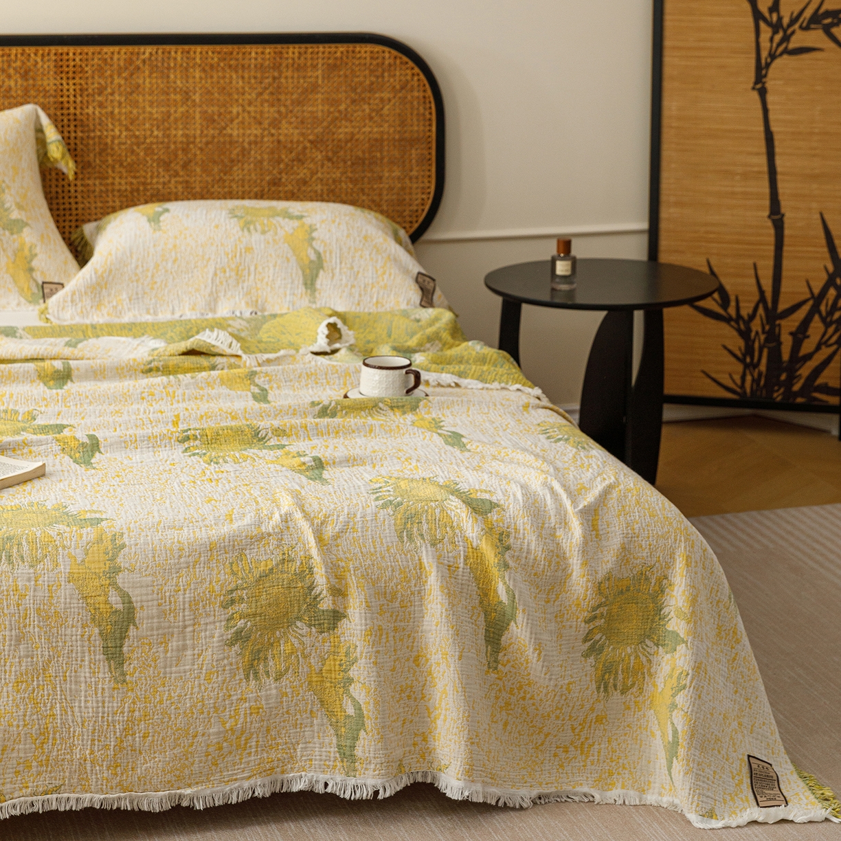 91家纺网 家纺一手货源 找家纺 朴尔家纺-毛巾被 2026新款全棉60s精细纱流苏花边四层纱布毛巾被 暖阳