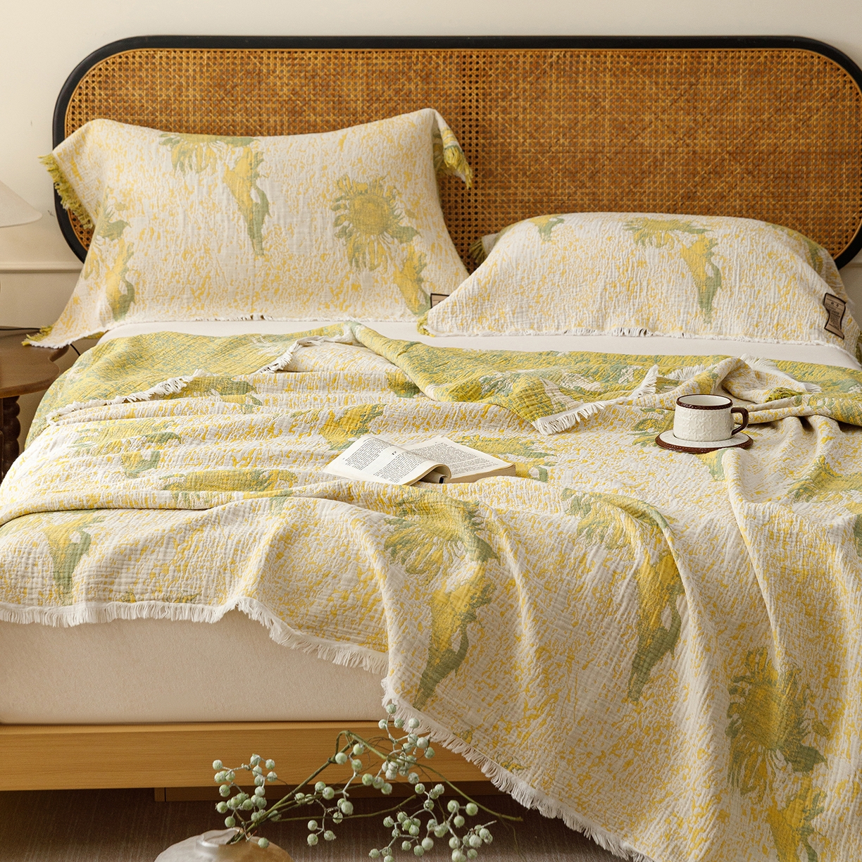 91家纺网 家纺一手货源 找家纺 朴尔家纺-毛巾被 2026新款全棉60s精细纱流苏花边四层纱布毛巾被 暖阳