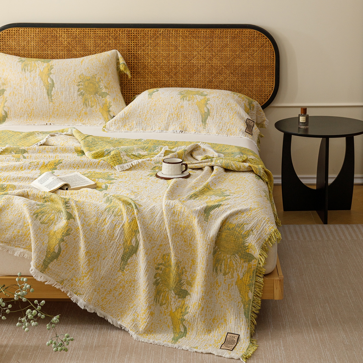 91家纺网 家纺一手货源 找家纺 朴尔家纺-毛巾被 2026新款全棉60s精细纱流苏花边四层纱布毛巾被 暖阳