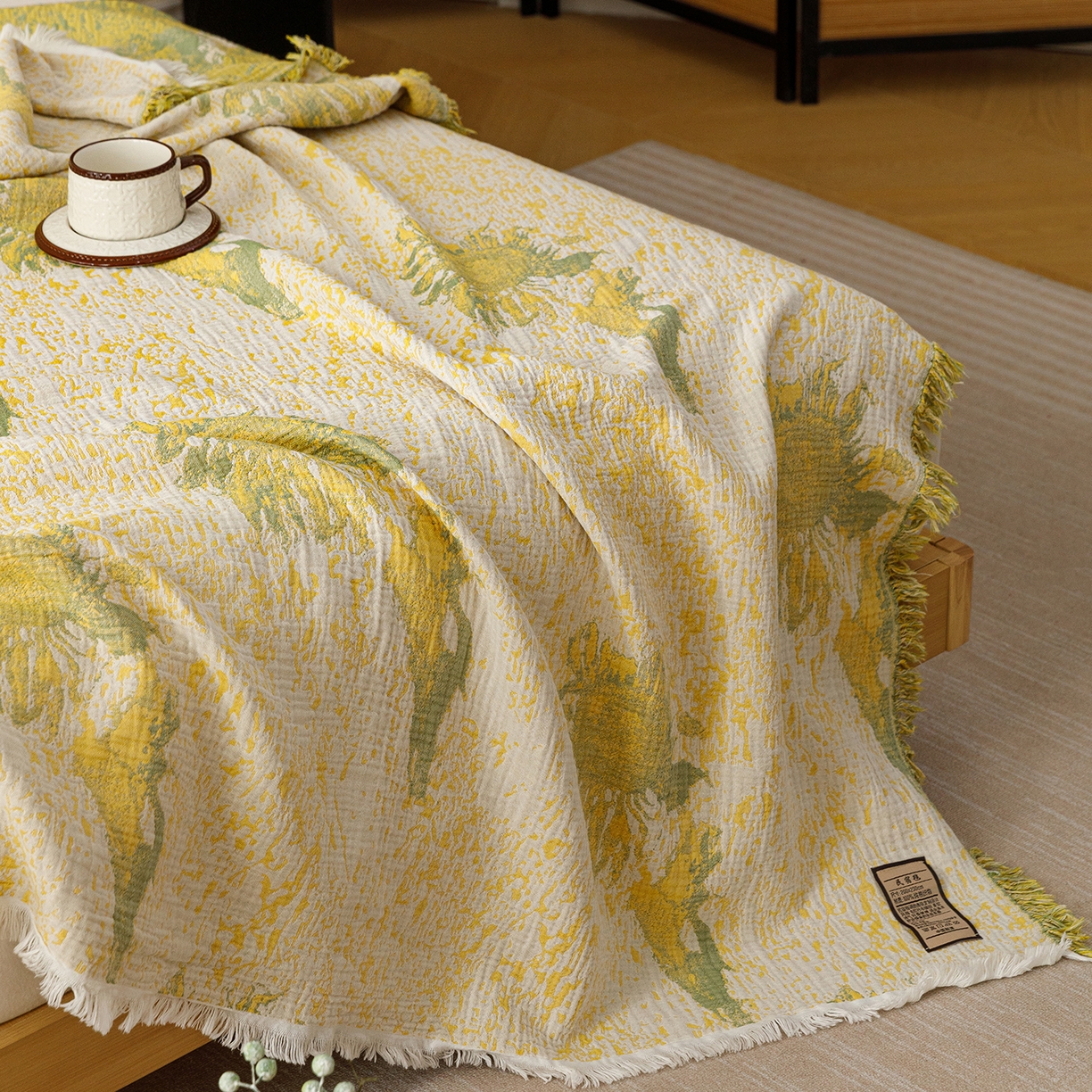 91家纺网 家纺一手货源 找家纺 朴尔家纺-毛巾被 2026新款全棉60s精细纱流苏花边四层纱布毛巾被 暖阳