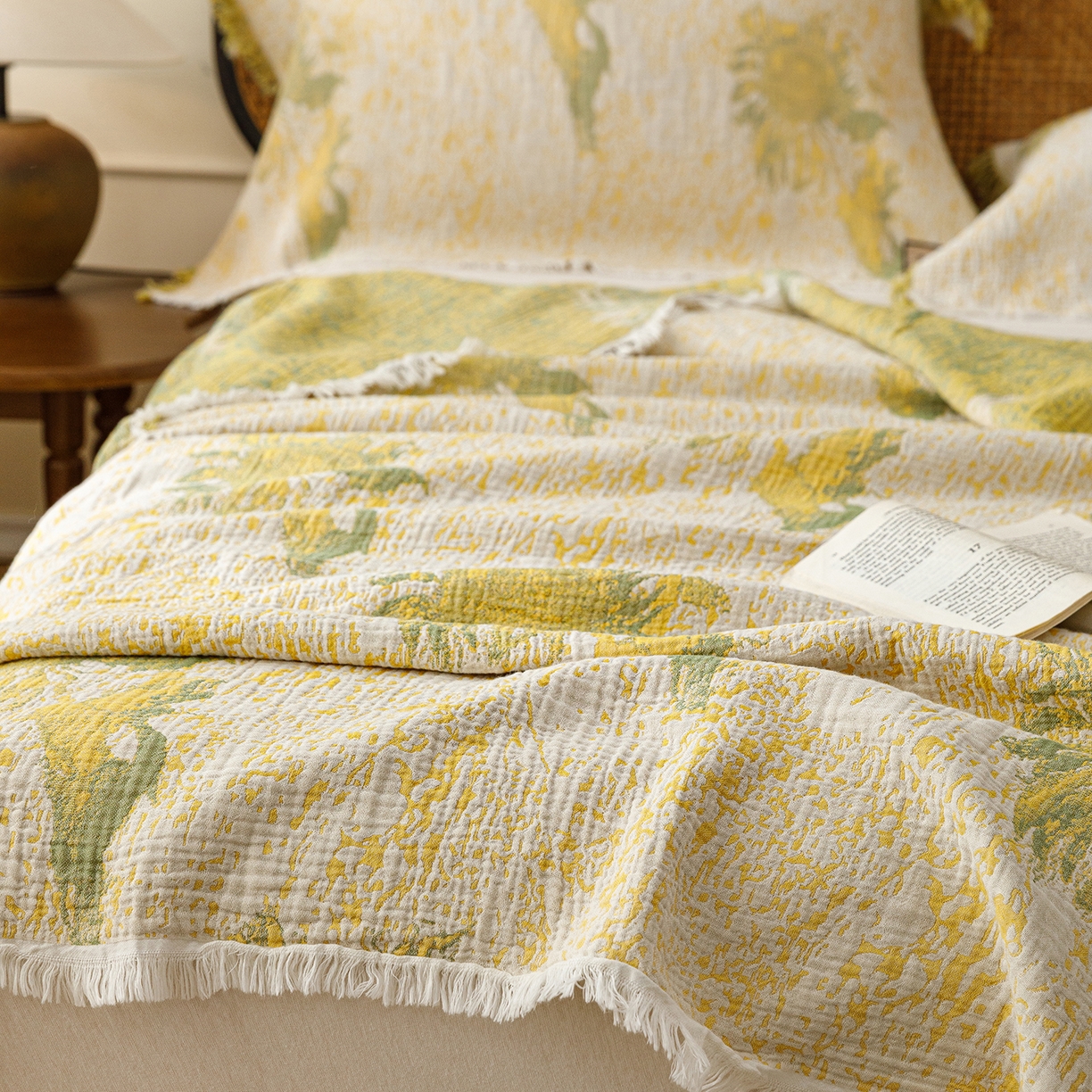 91家纺网 家纺一手货源 找家纺 朴尔家纺-毛巾被 2026新款全棉60s精细纱流苏花边四层纱布毛巾被 暖阳