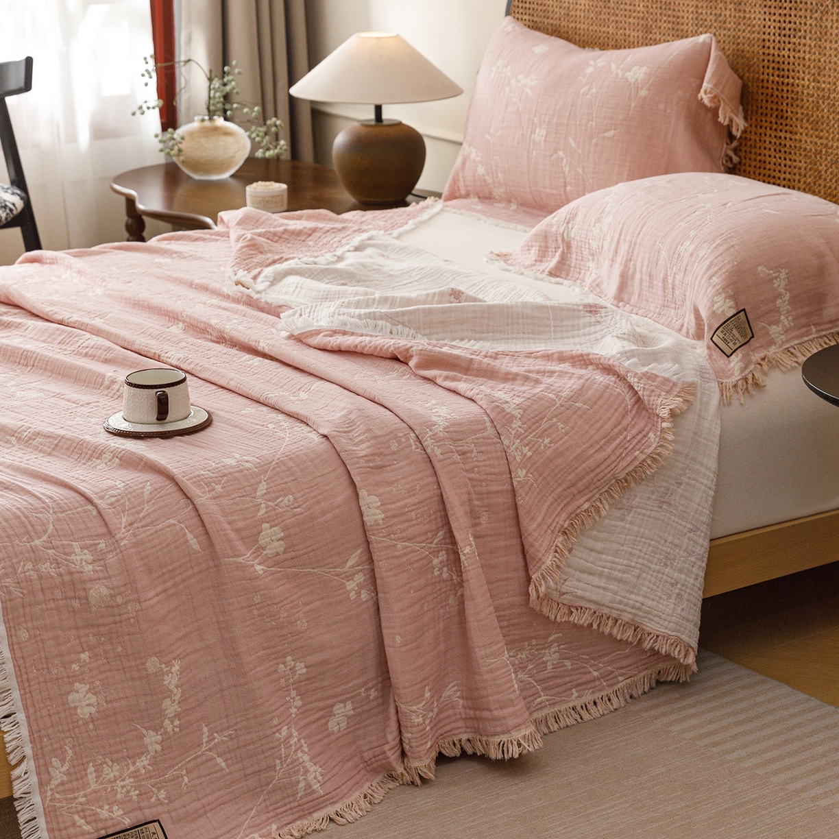 朴尔家纺-毛巾被 2026新款全棉60s精细纱流苏花边四层纱布毛巾被 樱花恋