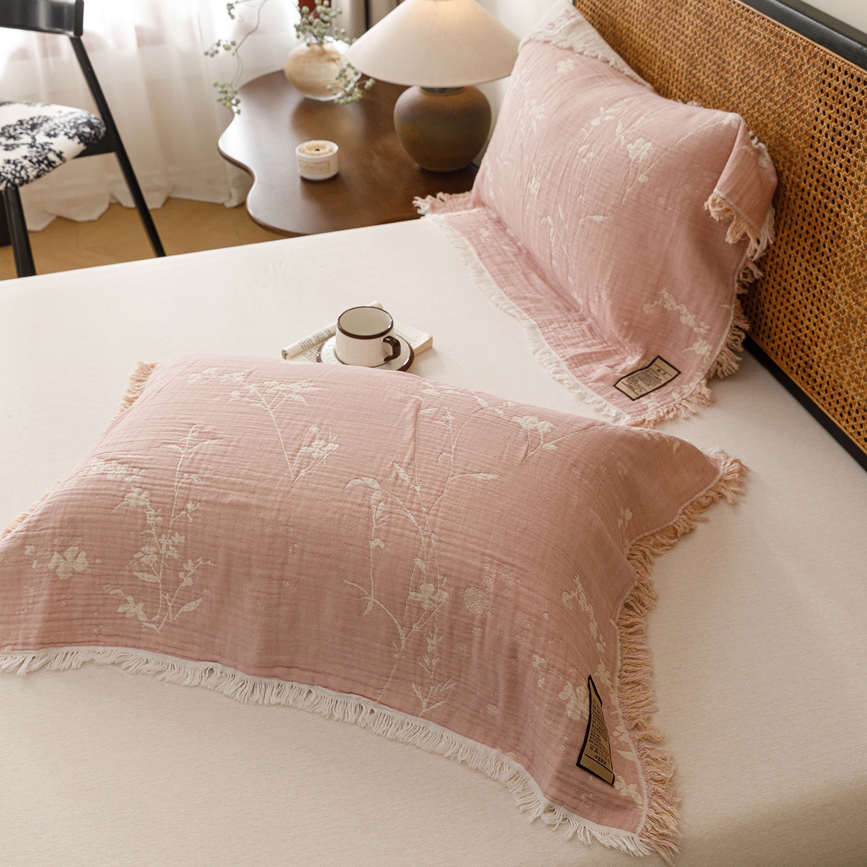 91家纺网 家纺一手货源 找家纺 朴尔家纺-毛巾被 2026新款全棉60s精细纱流苏花边四层纱布毛巾被 樱花恋