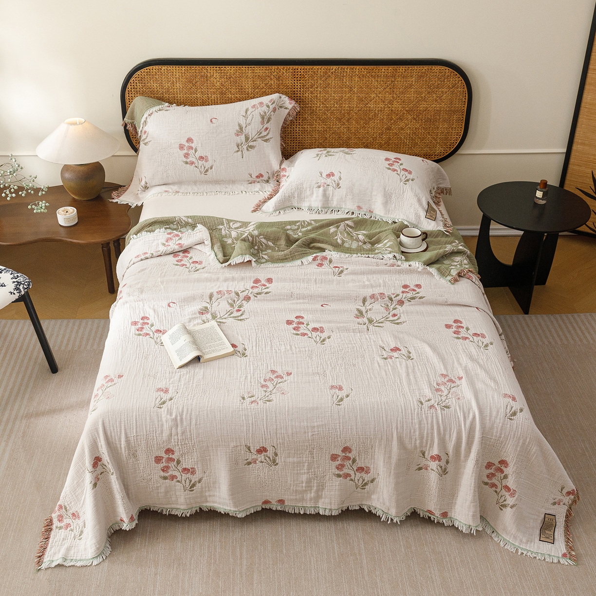 91家纺网 家纺一手货源 找家纺 朴尔家纺-毛巾被 2026新款全棉60s精细纱流苏花边四层纱布毛巾被 芝芝梅