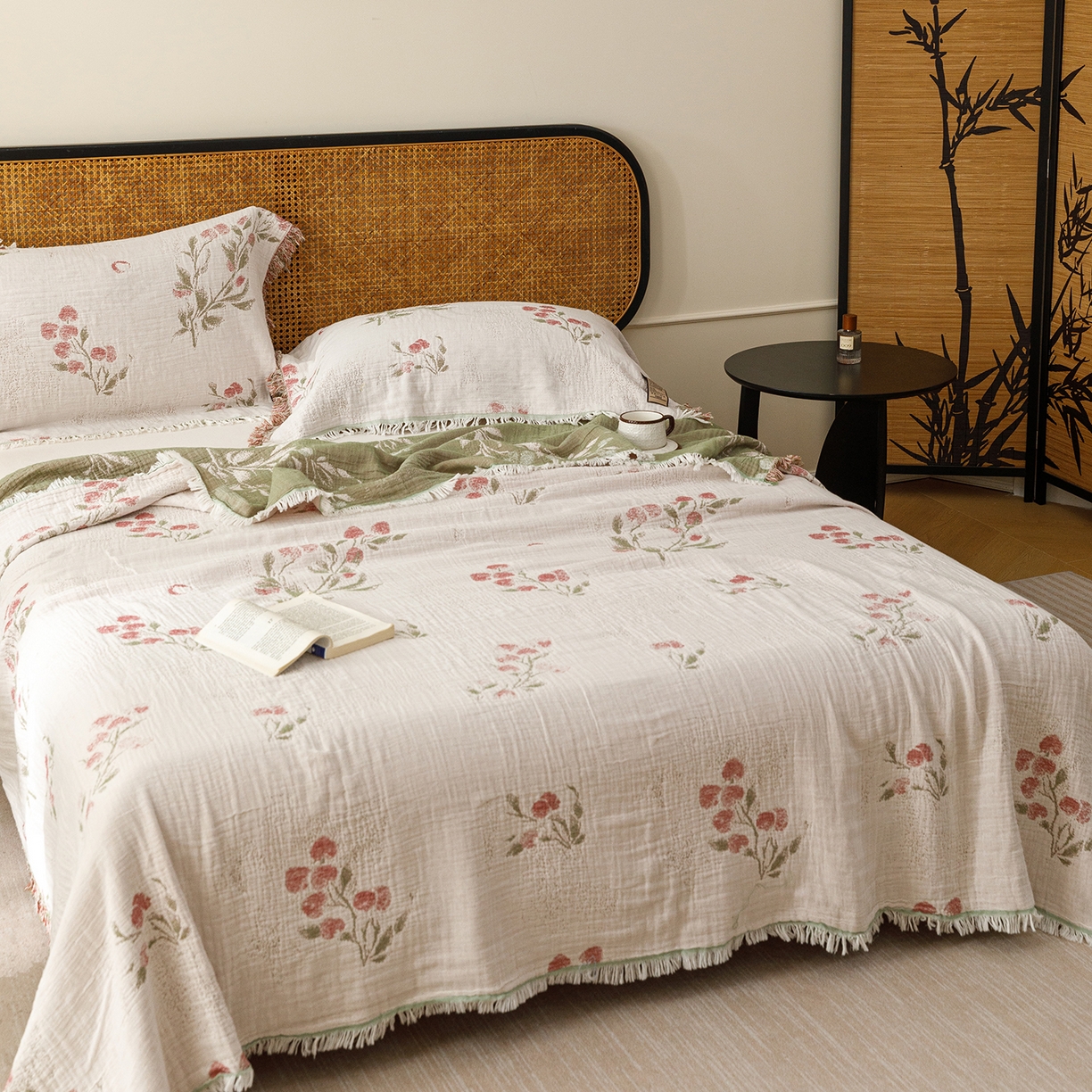 91家纺网 家纺一手货源 找家纺 朴尔家纺-毛巾被 2026新款全棉60s精细纱流苏花边四层纱布毛巾被 芝芝梅