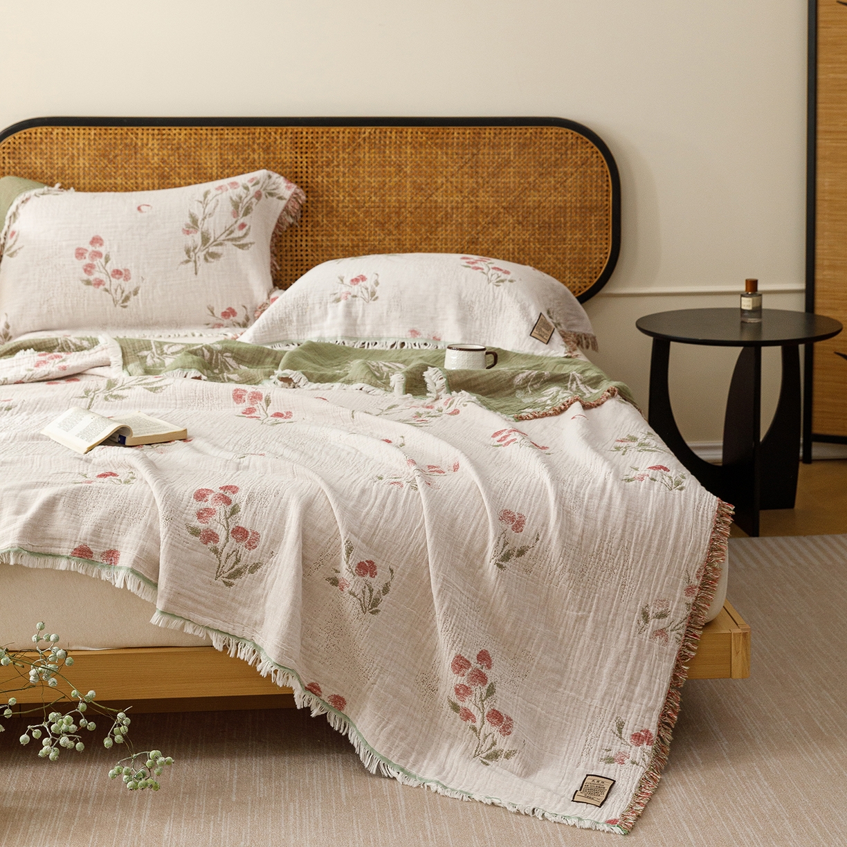 91家纺网 家纺一手货源 找家纺 朴尔家纺-毛巾被 2026新款全棉60s精细纱流苏花边四层纱布毛巾被 芝芝梅