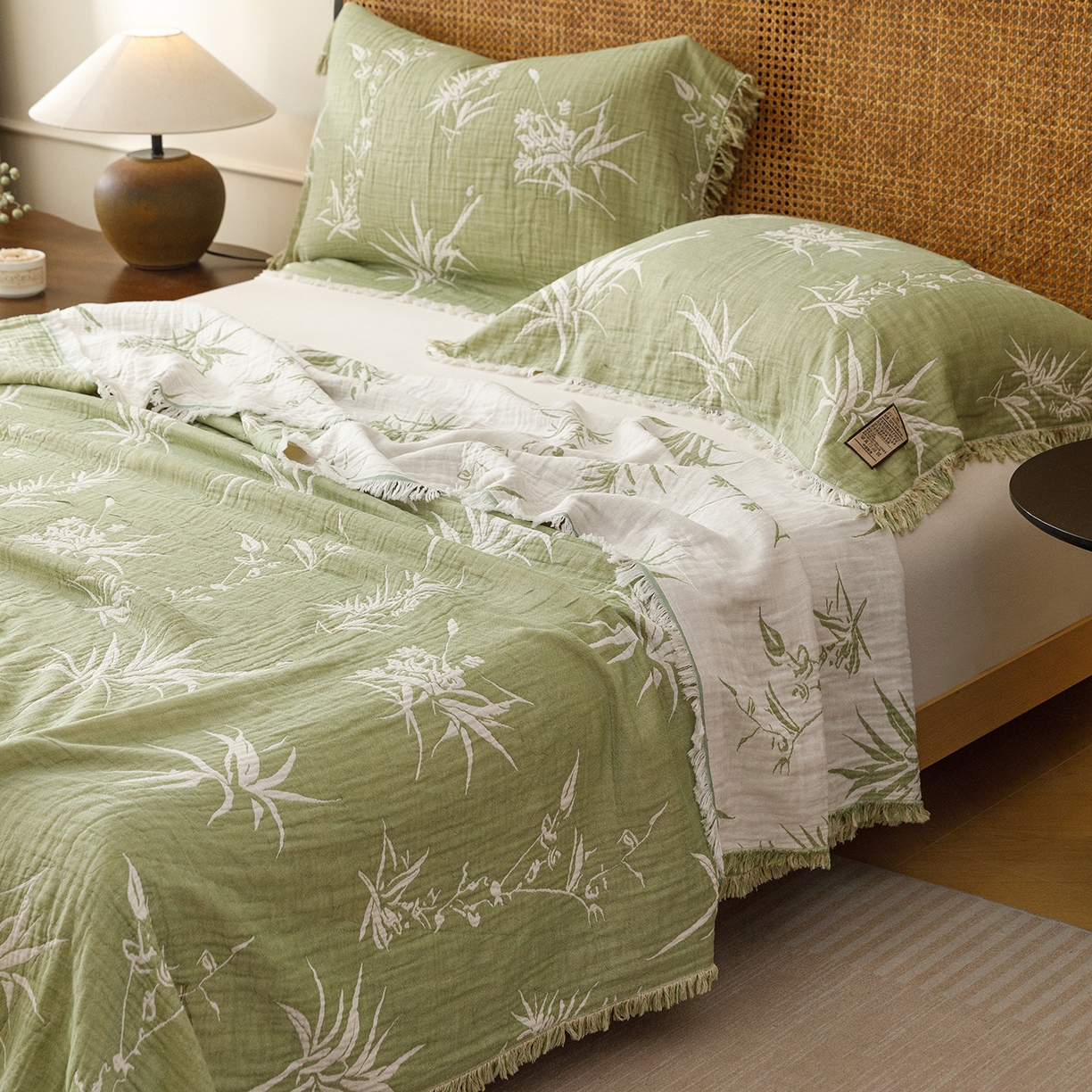 朴尔家纺-毛巾被 2026新款全棉60s精细纱流苏花边四层纱布毛巾被 竹意