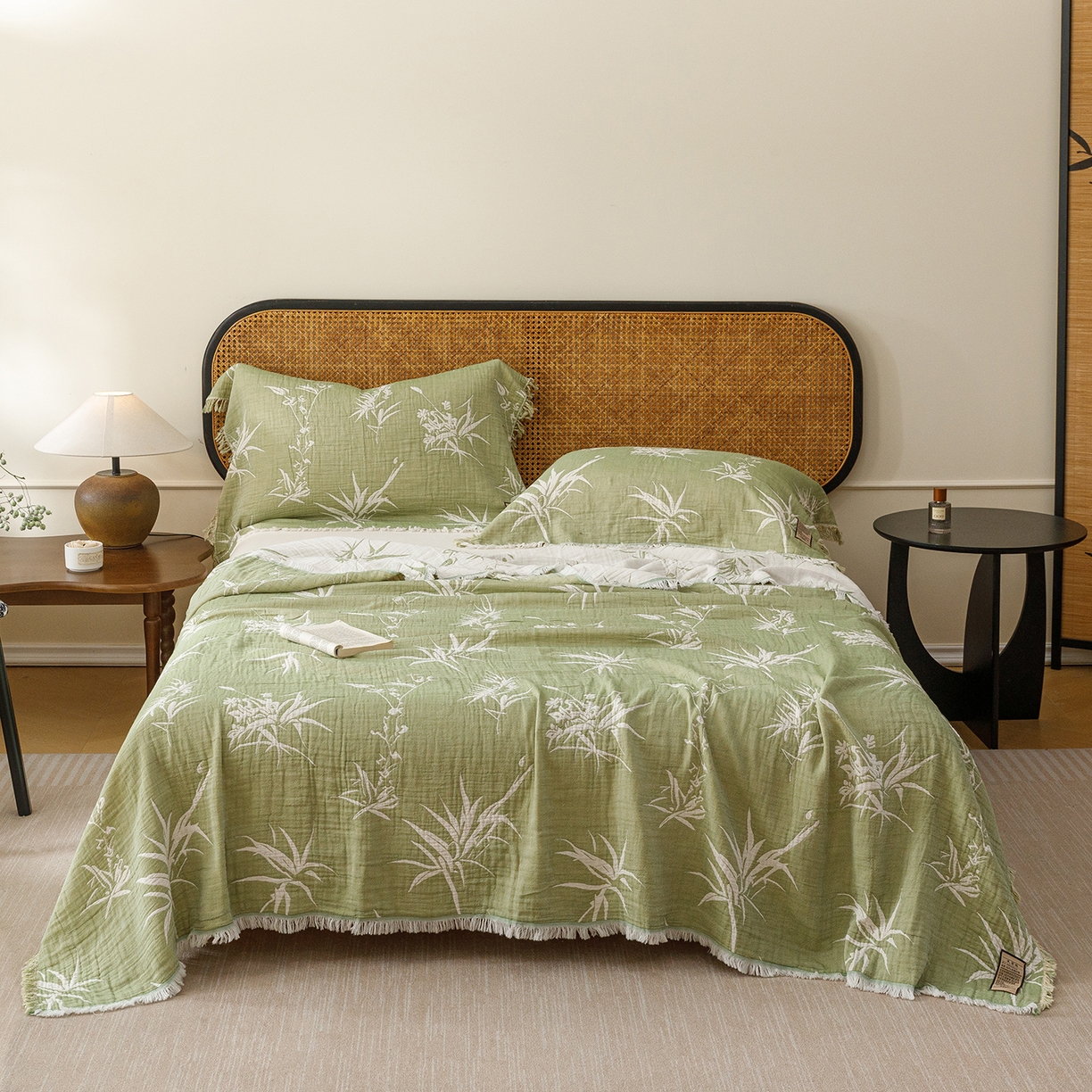 91家纺网 家纺一手货源 找家纺 朴尔家纺-毛巾被 2026新款全棉60s精细纱流苏花边四层纱布毛巾被 竹意