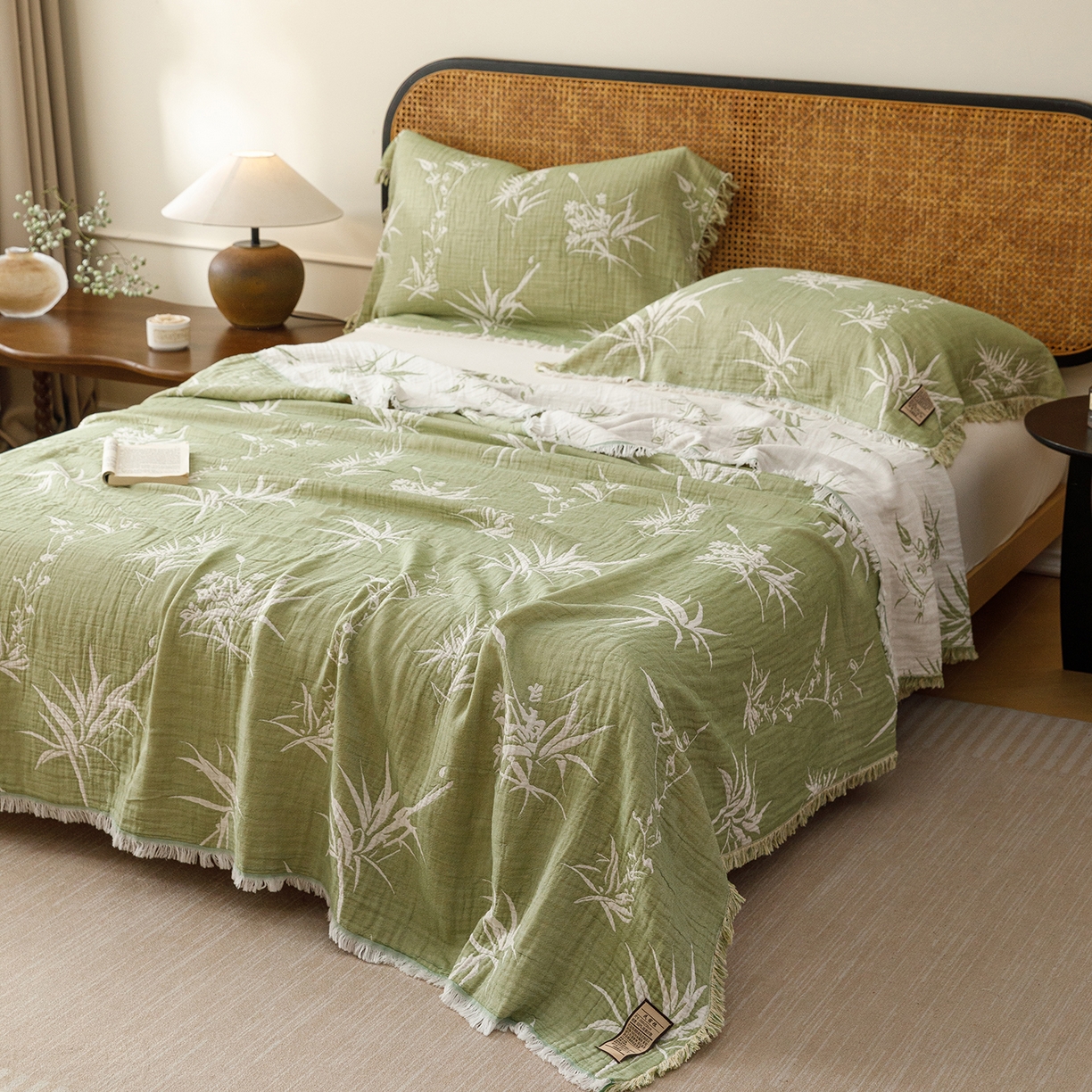 91家纺网 家纺一手货源 找家纺 朴尔家纺-毛巾被 2026新款全棉60s精细纱流苏花边四层纱布毛巾被 竹意