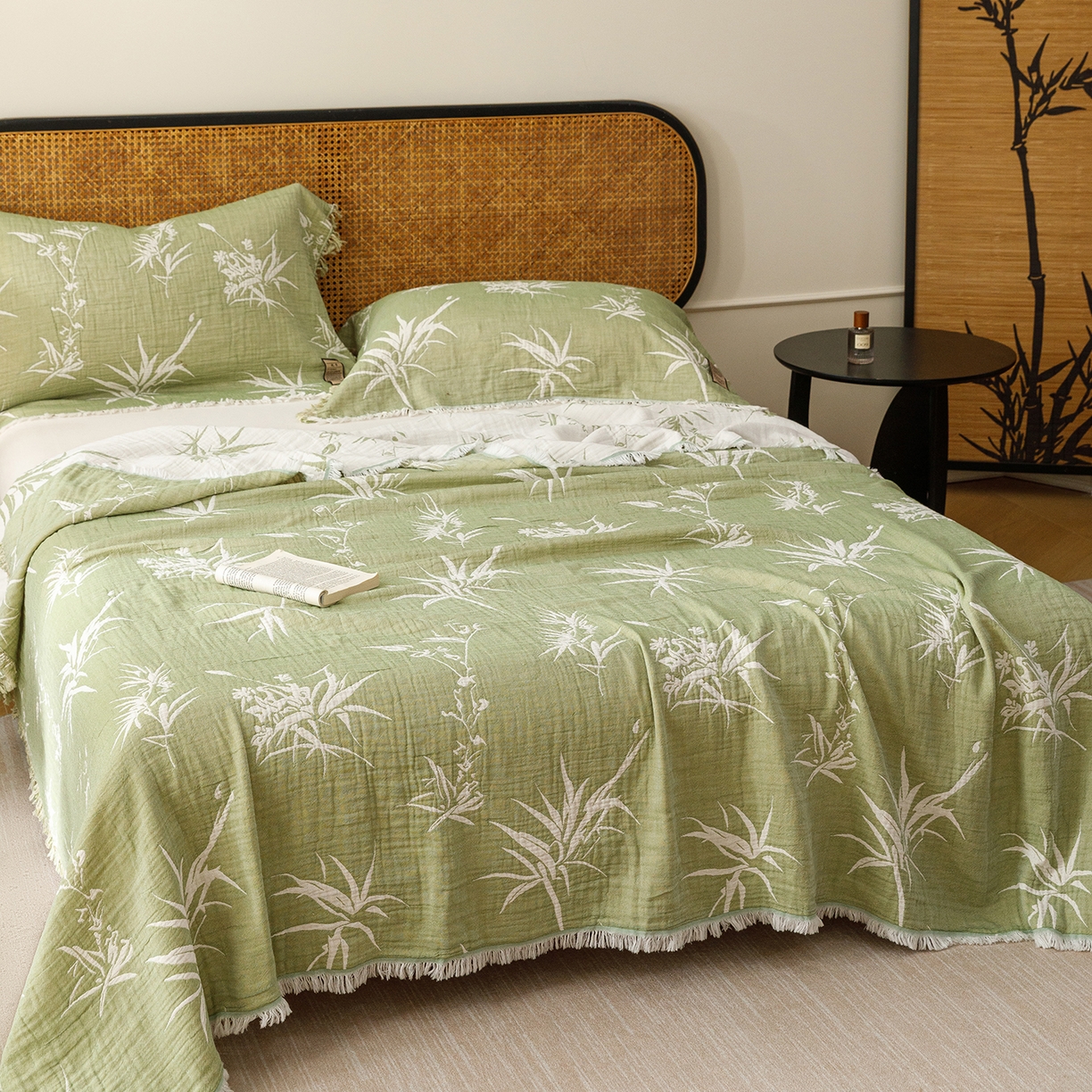 91家纺网 家纺一手货源 找家纺 朴尔家纺-毛巾被 2026新款全棉60s精细纱流苏花边四层纱布毛巾被 竹意