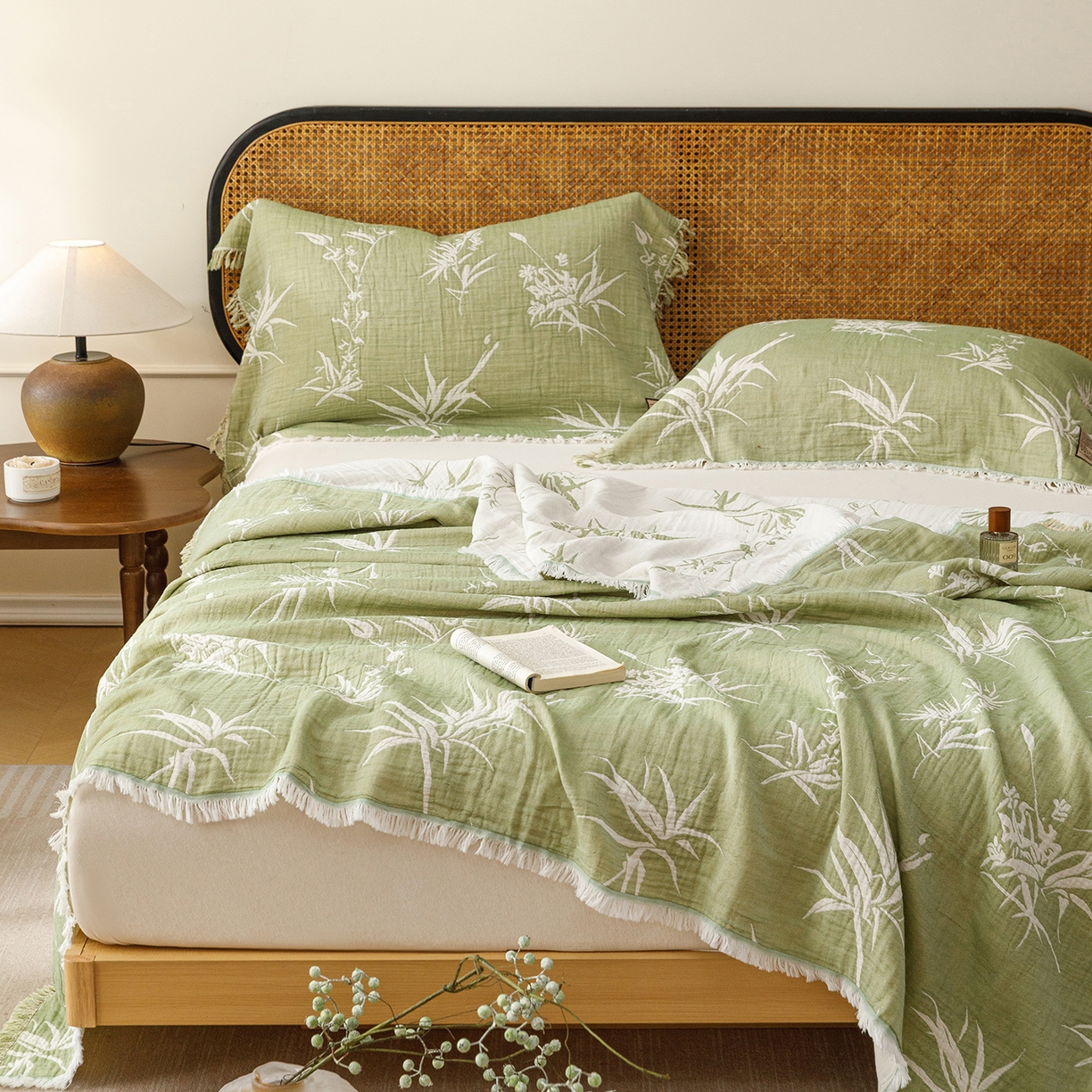 91家纺网 家纺一手货源 找家纺 朴尔家纺-毛巾被 2026新款全棉60s精细纱流苏花边四层纱布毛巾被 竹意