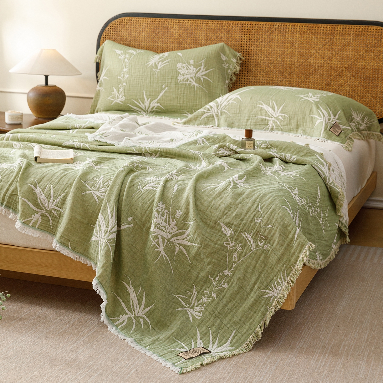 91家纺网 家纺一手货源 找家纺 朴尔家纺-毛巾被 2026新款全棉60s精细纱流苏花边四层纱布毛巾被 竹意