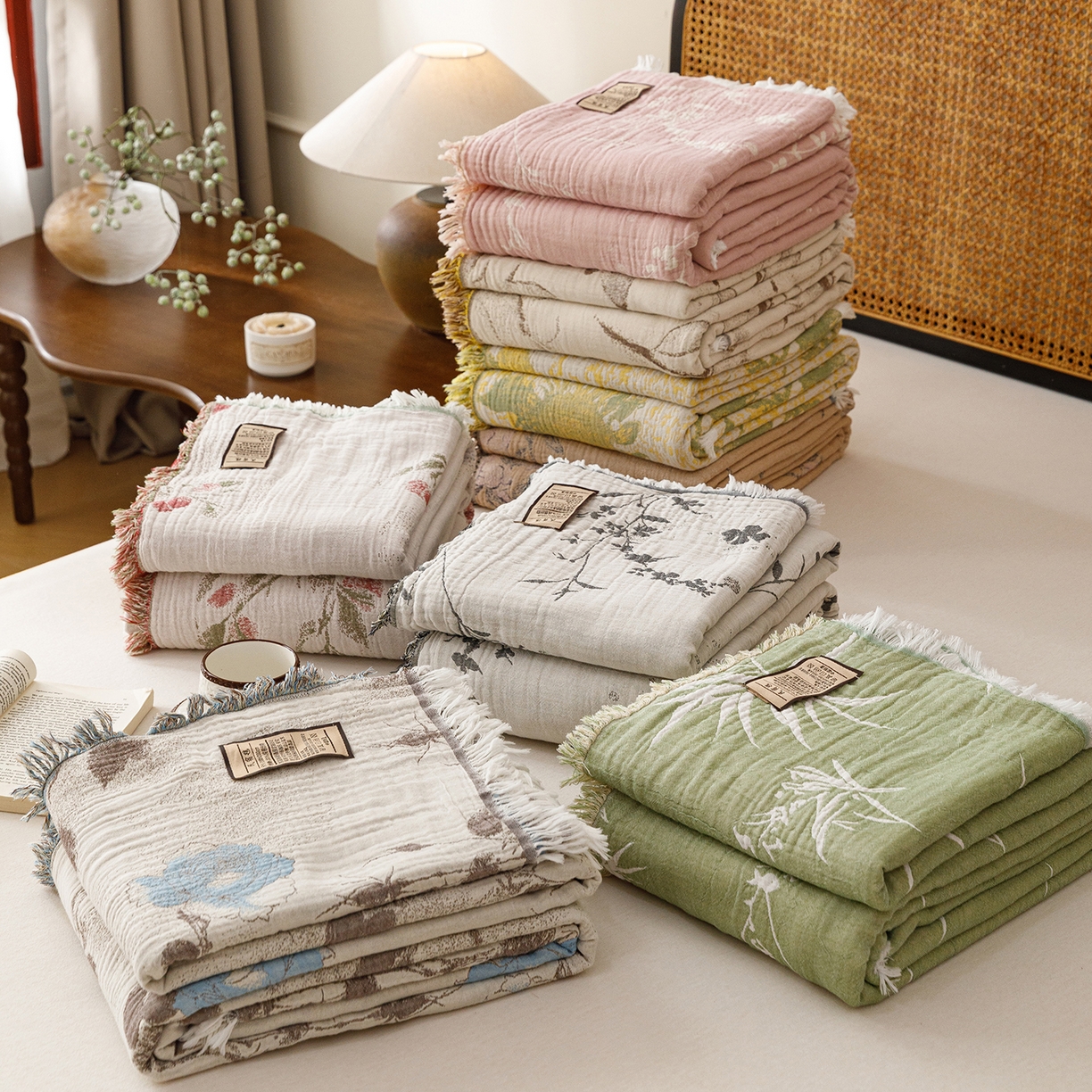 朴尔家纺-毛巾被 2026新款全棉60s精细纱流苏花边四层纱布毛巾被 组合图