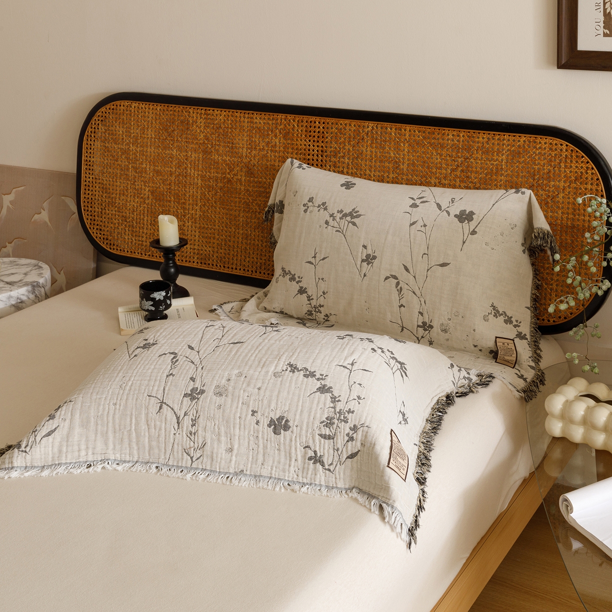 91家纺网 家纺一手货源 找家纺 朴尔家纺-毛巾被 2026新款全棉流苏巨大尺寸60S纱布枕巾 兰草情